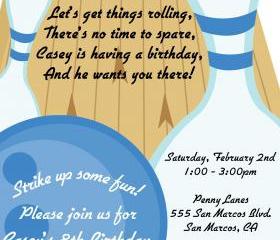 Bowling Birthday Party Printable Invitation - DIY - Blue